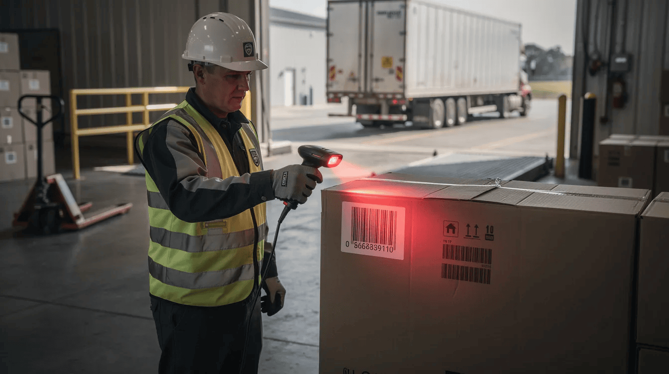 A warehouse worker is using a handheld barcode scanner to scan a barcode on a cardboard box at a loading dock, facilitating accurate inventory tracking and management. This process is essential for maintaining inventory accuracy and streamlining the receiving process within a barcode inventory management system.