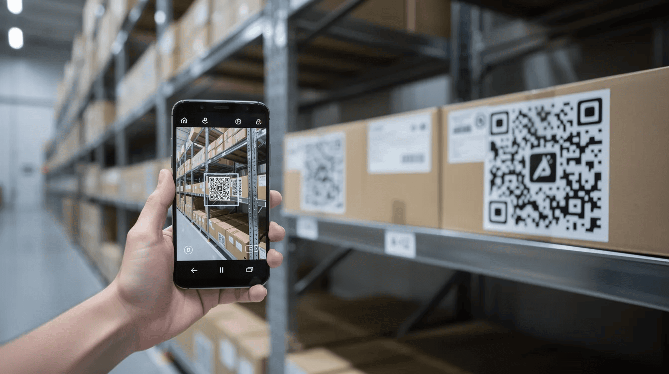 A modern smartphone is being used to scan a QR code on warehouse inventory shelving, demonstrating the efficiency of a barcode inventory management system. This scene highlights the integration of mobile devices in inventory tracking, allowing for real-time data updates and accurate inventory counts.