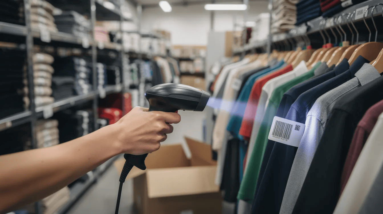 A person is using a handheld barcode scanner to scan barcode labels on various clothing items in a retail stockroom, facilitating efficient inventory management and accurate tracking of stock levels. The scene highlights the importance of barcode inventory software for maintaining organized inventory records.