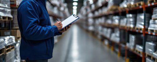 Counting inventory with a clipboard in a warehouse aisle