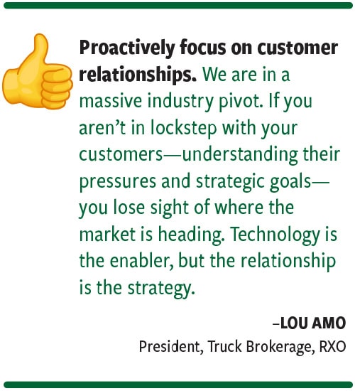 A quote from Lou Amo, the President of Truck Brokerage, RXO, talking about proactively focusing on customer relationships.