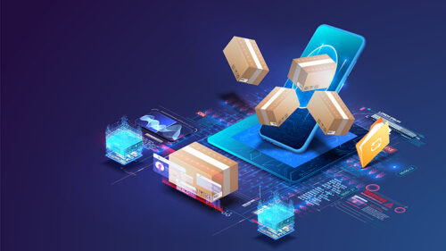 A parcel box with a picture of a card on the box hovers over a phone and tablet.