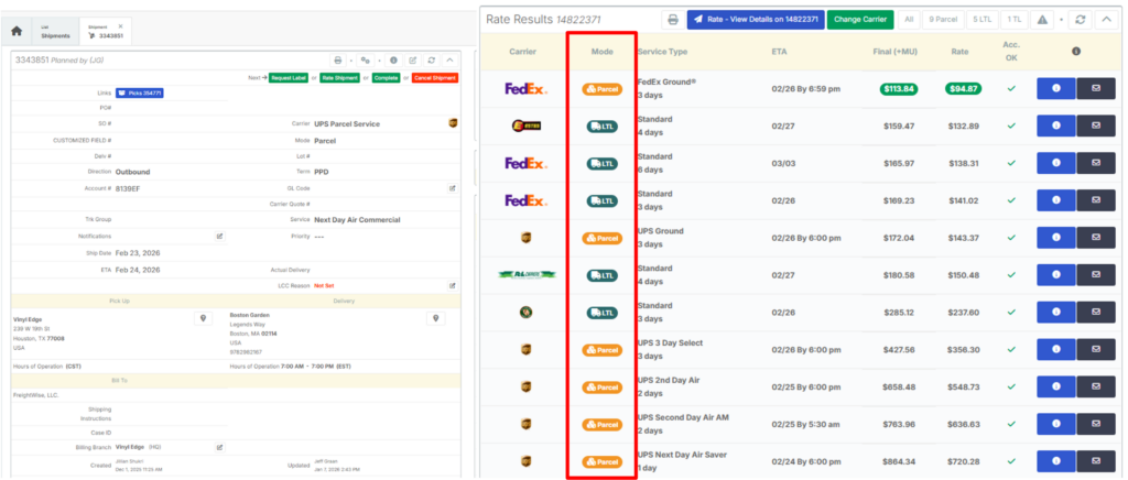LTL parcel rate comparison 