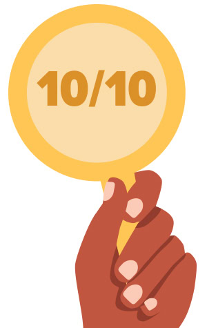 A hand holding a card that says 10/10.