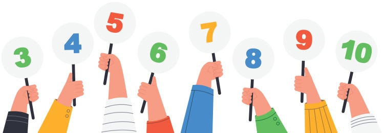 Hands holding up cards that have numbers ranging from 3 to 10.