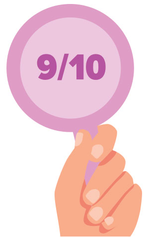 A hand holding a card that says 9/10.