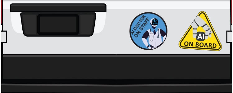 "AI Doctor on Staff" and "AI on Board" bumper stickers on back of car.