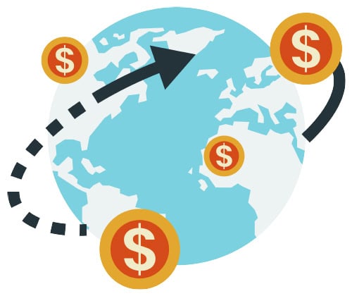 Illustration of the world with dollar signs circling around it.