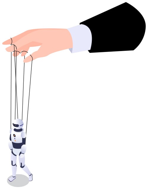 An illustration of a hand controlling a robot on strings.