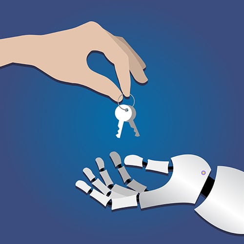 Human hand gives the keys to the metallic arm of the robot on a dark blue background.