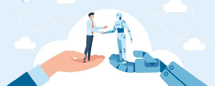 Illustration of a human and a robot shaking hands.