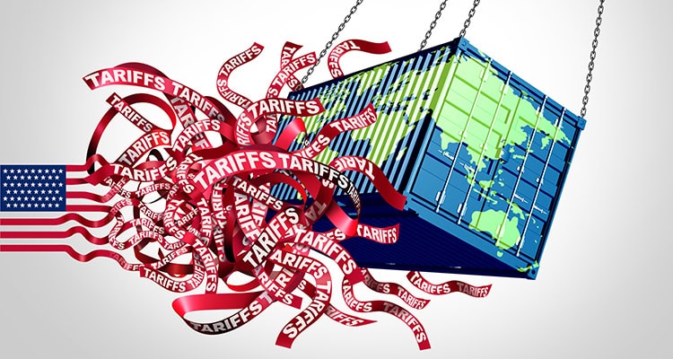 US Global Tariffs Crisis and United States Tariff confusion as an international trade war with American imports and exports tax on the globe as economic turmoil and uncertainty on world markets.