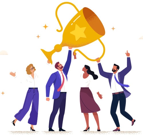 Illustration of a group of people holding up a trophy.