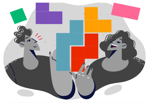 Illustration of people playing Tetris.