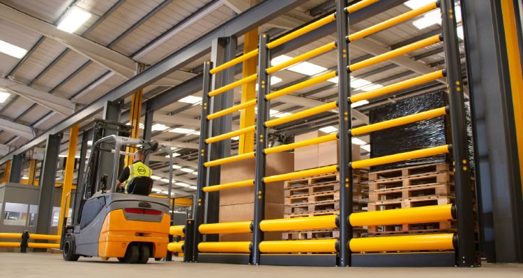 A-SAFE’s Memaplex polymer safety barriers provide impact protection for warehouse and logistics operations.