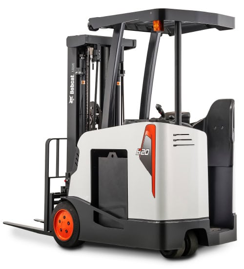 Bobcat’s B20SU-9 is an electric stand-up rider, narrow-aisle forklift that has a 3,000-4,000-pound capacity. 
