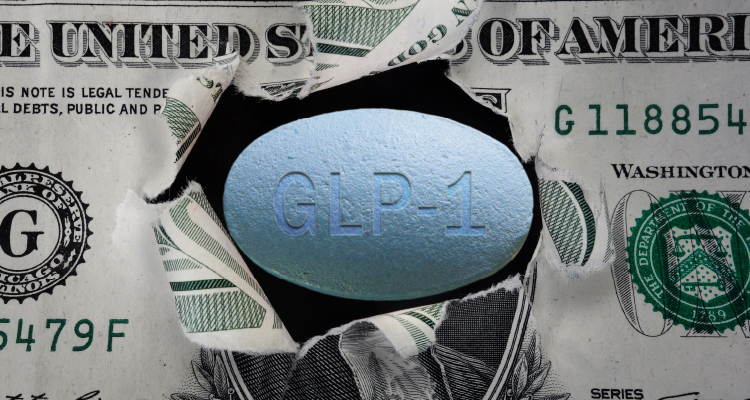 An illustration of a GLP1 pill in a dollar bill.