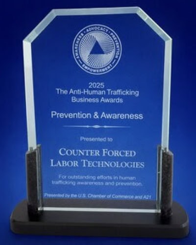 Counter Forced Labor Technologies (CFLT) was awarded the Prevention & Awareness Award by A21 and the U.S. Chamber of Commerce.