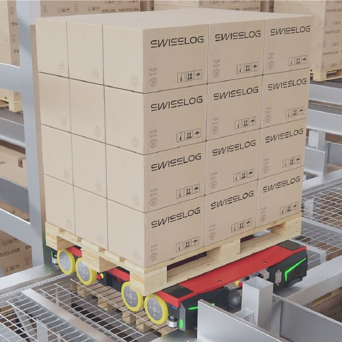 Warehouse automation provider Swisslog's AgileStore, a four-way roaming pallet shuttle for high-density pallet storage.