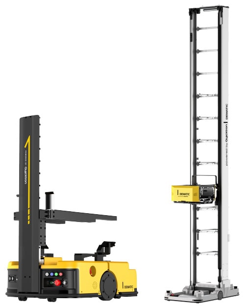 The D30 Tote Mover AMR (left) and D50 Masted Tote Shuttle AMR (right) optimize order fulfillment with the goods-to-person approach.