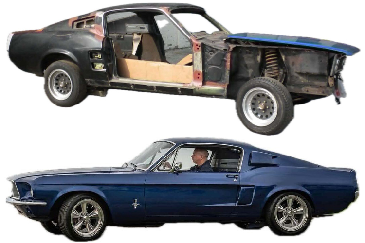 Refurbished Ford Mustang, before and after.
