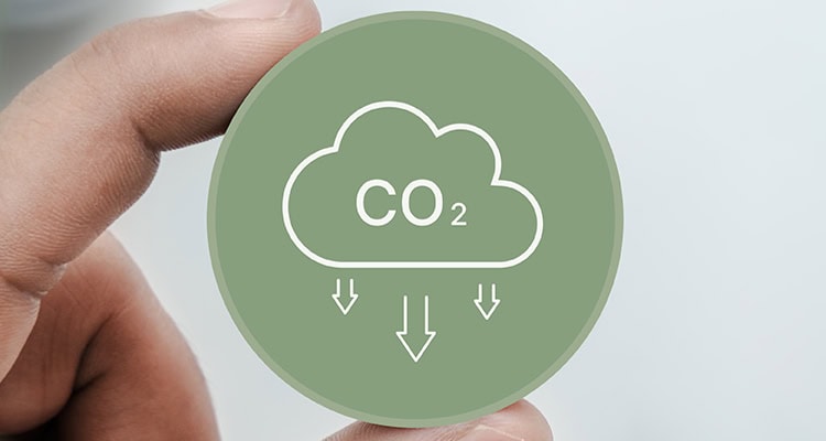 Hand holding eco badge with CO2 reduction icon for sustainable supply chain.