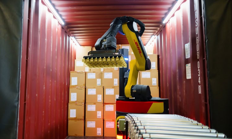 DHL truck being loaded with boxes.
