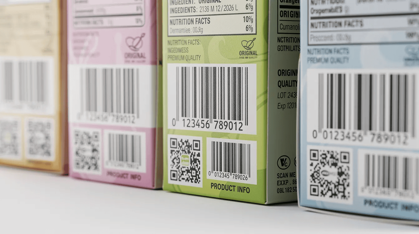 The image features a close-up view of various product packages displaying different types of barcodes, including linear barcodes and QR codes, highlighting the diversity in barcode formats used for inventory management. This visual representation underscores the importance of barcode inventory software in tracking stock levels and managing inventory efficiently.
