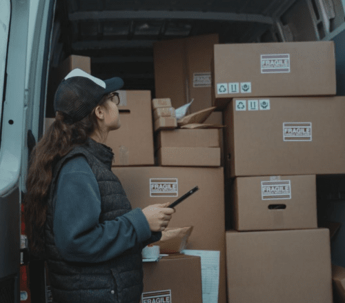 woman packing van with boxes